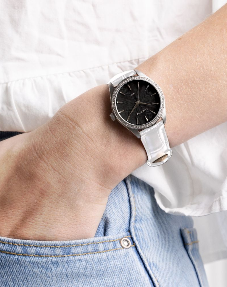 Maxum Classic Black Dial White Leather Ladies Watch - MW24202L03