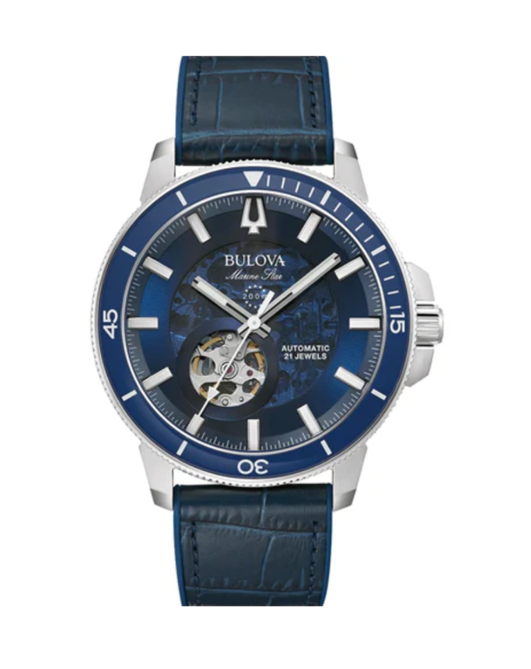 Bulova Marine Star Automatic Skeleton + Open Heart Mens Watch - 96A291