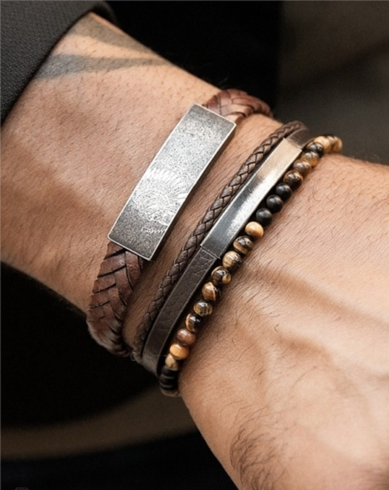 Rochet France Brown Braided Leather Men's Bracelet (21 cm) - HB753