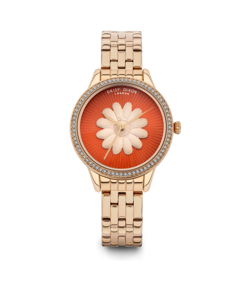 Daisy Dixon London Orange Floral Dial Studded Ladies Watch - DD100RGM