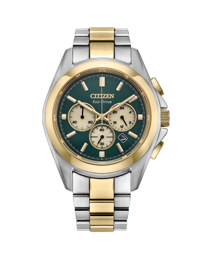 Citizen Sport Luxury Eco-Drive Chronograph Green Dial Two-Tone Gents Watch - CA4684-54X