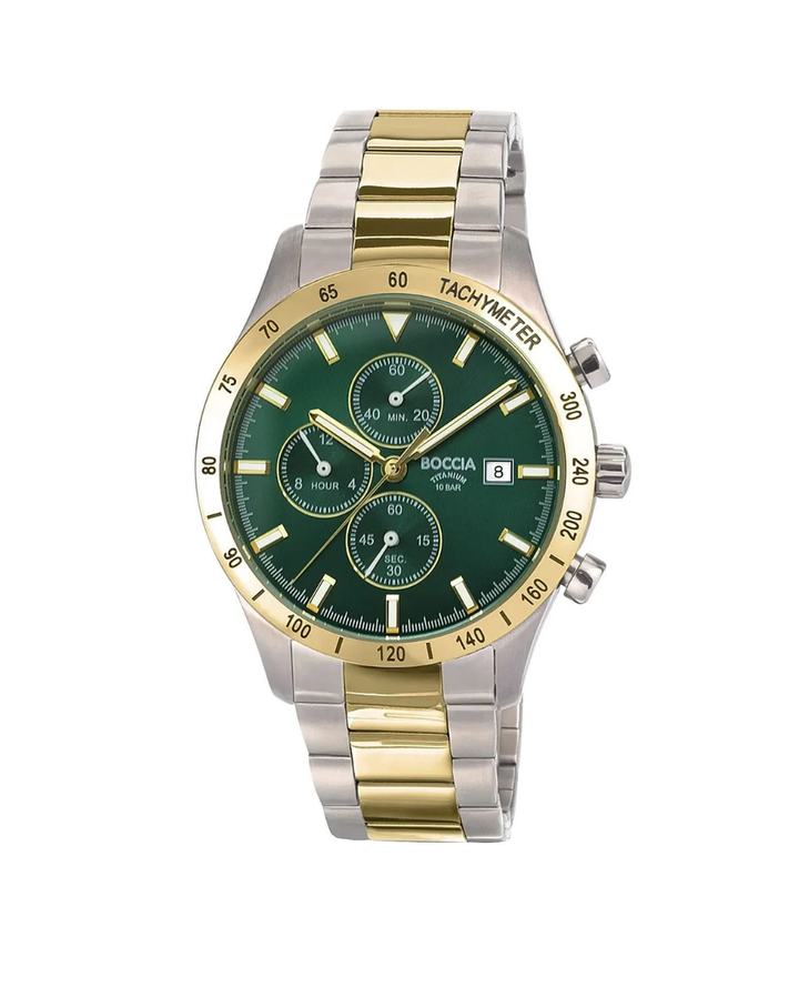 Boccia Titanium Two Tone Emerald Green Dial Chronograph Men's Watch - 3739-05