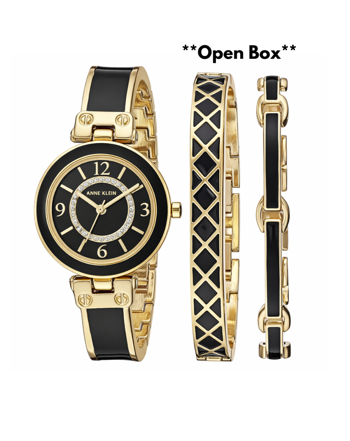 Anne Klein Black Dial Ladies Watch + Jewellery Set - ANK-3296BKST