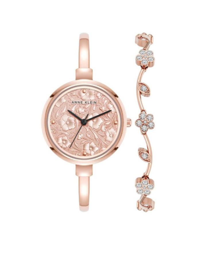 Anne Klein Floral Pink Dial Ladies Watch + Bracelet Set - AK-5274RGST