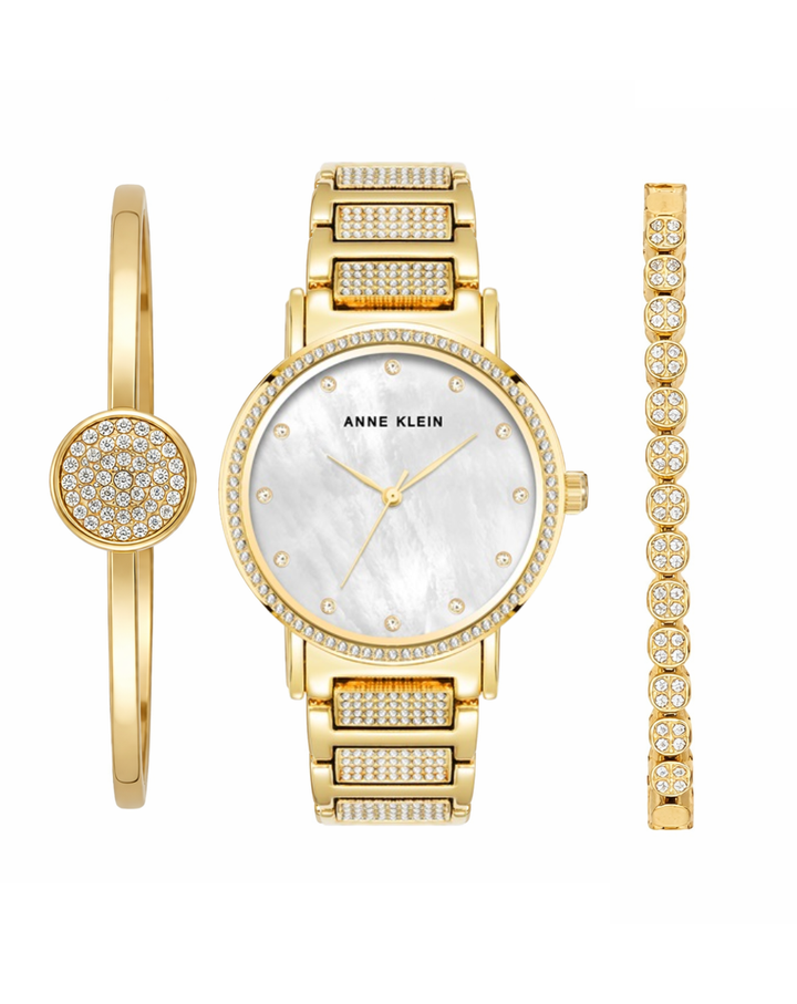 Anne Klein Gold Studded Ladies Watch + Gift set - AK/4004MPGB