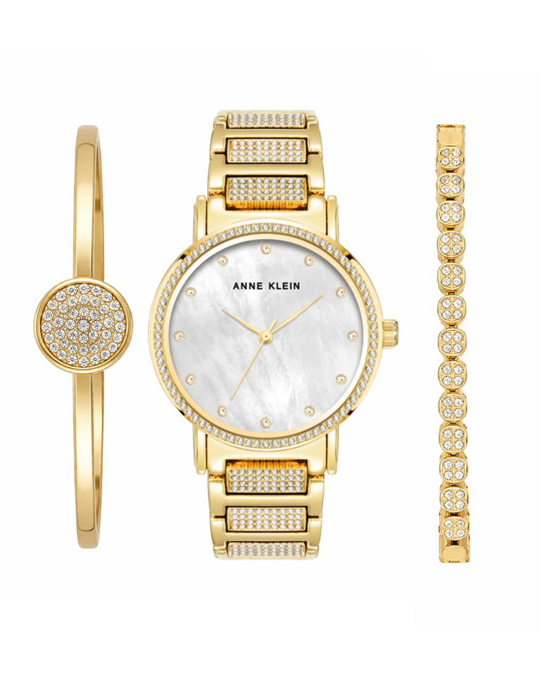 Anne Klein Gold Studded Ladies Watch + Gift set - AK/4004MPGB