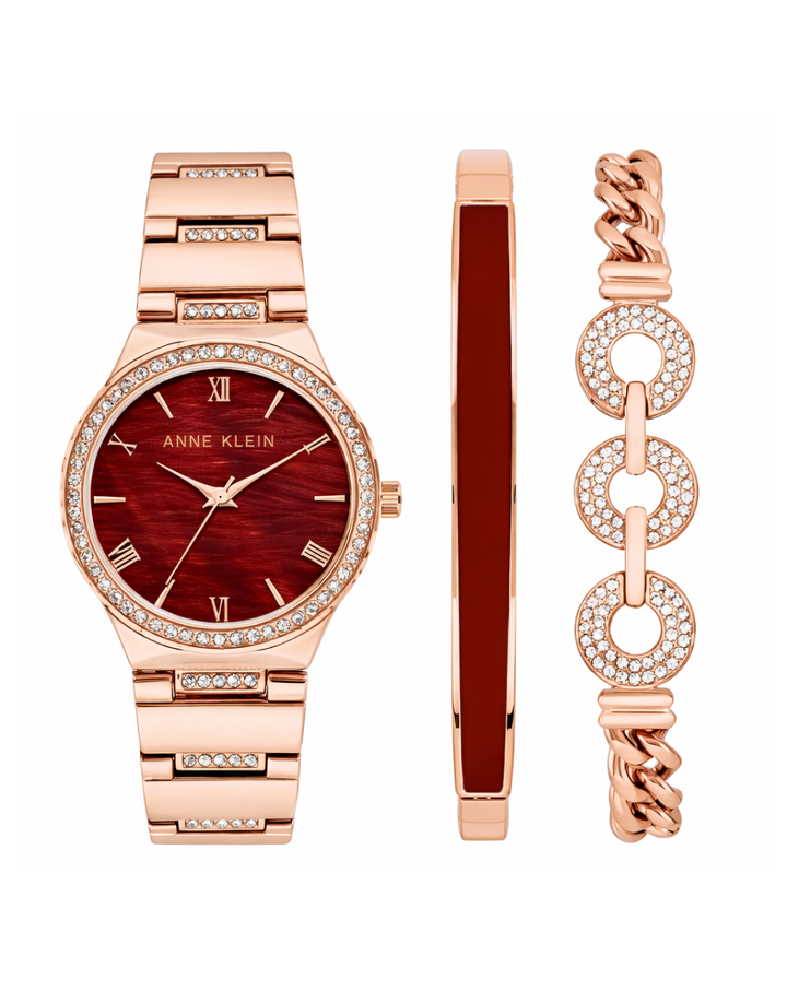 Anne Klein Red Dial Rose Gold Watch + Gift Set - AK-4050BYST