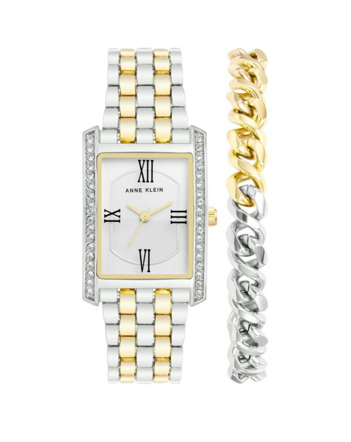 Anne Klein Two Tone Ladies Square Watch Gift Set - ANK-3991TTST