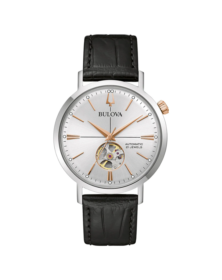 Bulova Aerojet Open Heart Leather Strap Automatic Mens Watch - 98A289