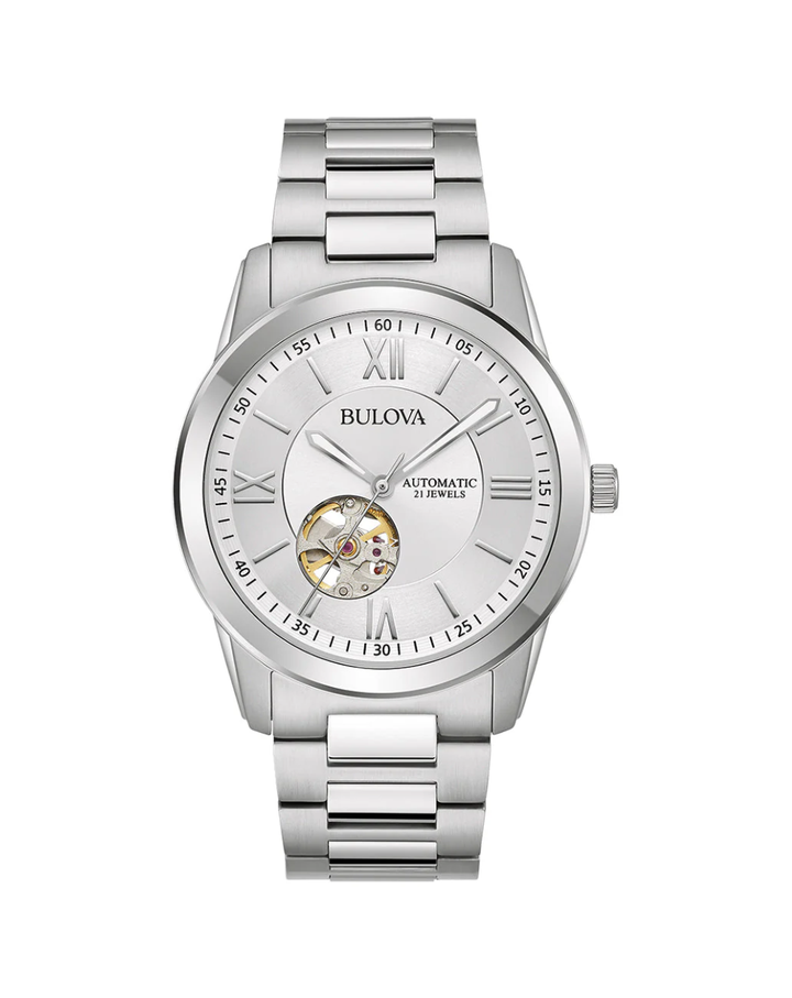 Bulova Sutton Automatic White Dial Open Heart Mens Watch - 96A280