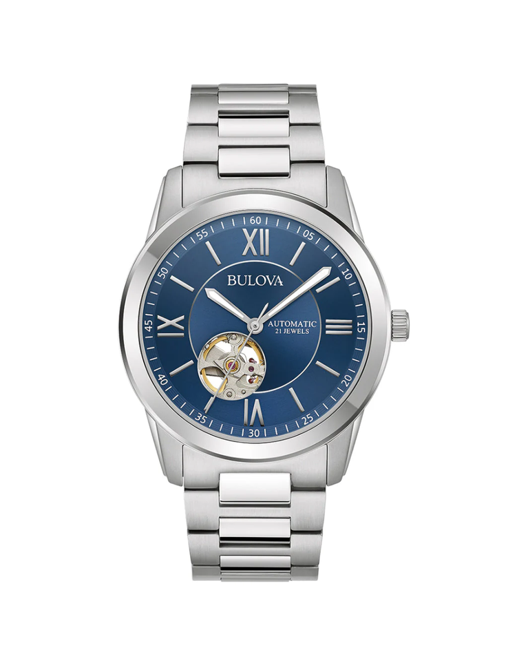Bulova Sutton Automatic Blue Dial Open Heart Men's Watch - 96A281