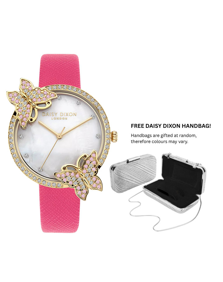 Daisy Dixon Butterfly Crystal Studs Pink Strap Ladies Watch - DD162PG