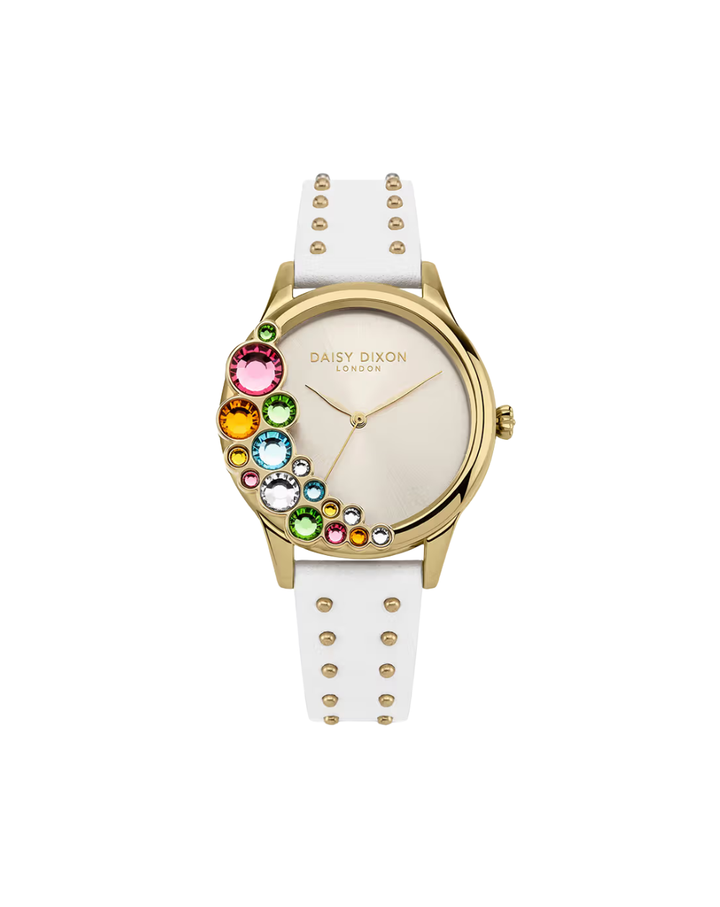 Daisy Dixon London "Lily" Gold Dial White Strap Crystal Bezel Ladies Watch - DD185W