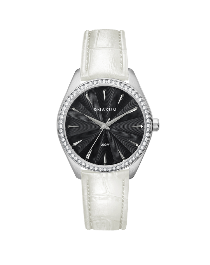 Maxum Classic Black Dial White Leather Ladies Watch - MW24202L03