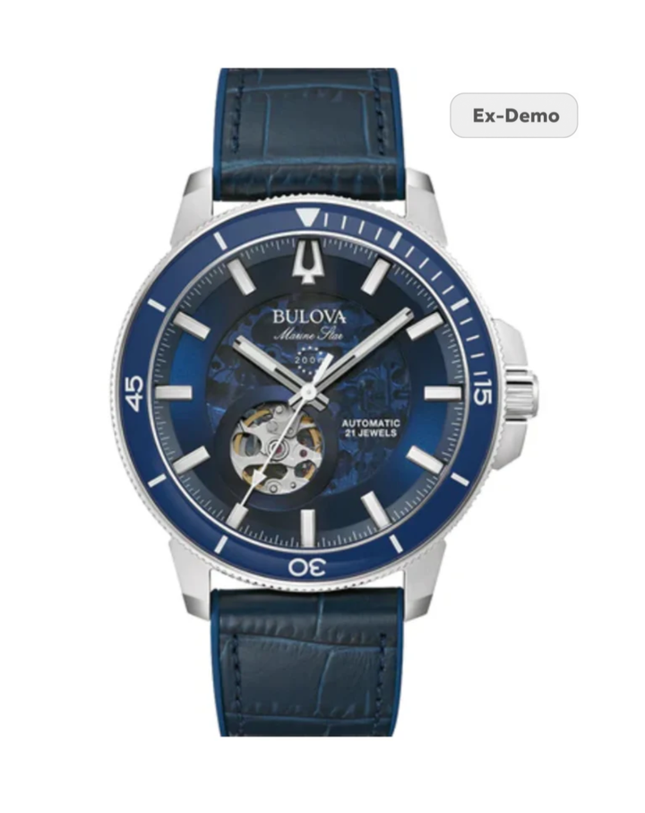 Bulova Marine Star Automatic Skeleton + Open Heart Mens Watch - 96A291